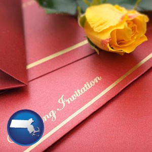 a wedding invitation, with a yellow rose - with Massachusetts icon