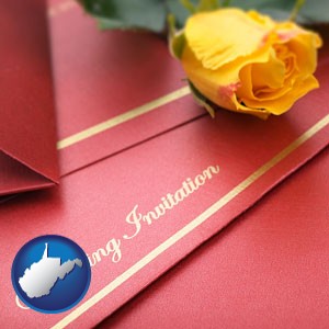 a wedding invitation, with a yellow rose - with West Virginia icon
