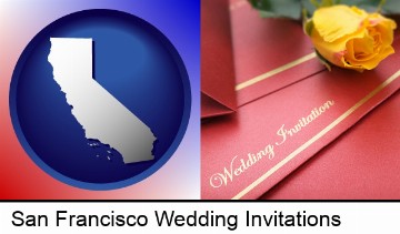 a wedding invitation, with a yellow rose in San Francisco, CA